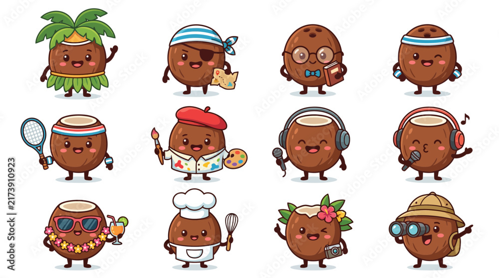 Fototapeta premium Collection of active cartoon coconut characters in various roles.