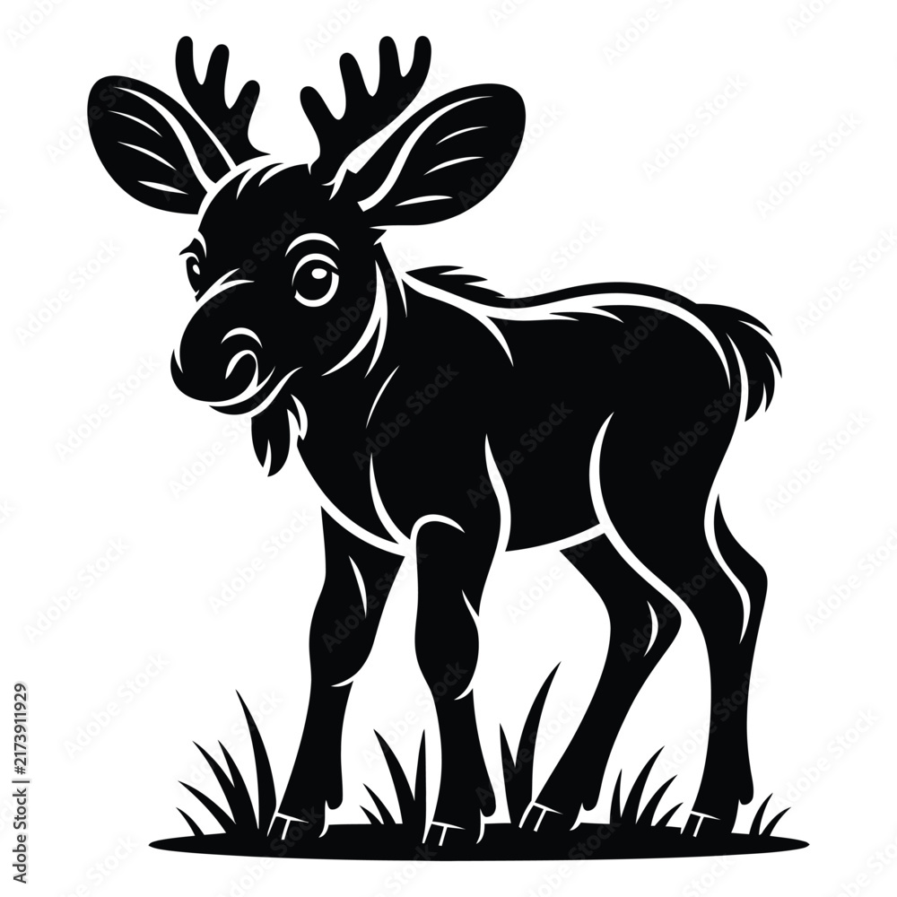 Fototapeta premium A young moose standing in grass is depicted as a black silhouette