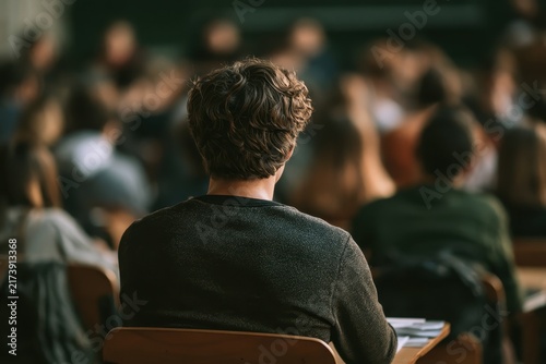A student sits in a crowded lecture hall seen from behind. This captures the atmosphere of university education and learning.