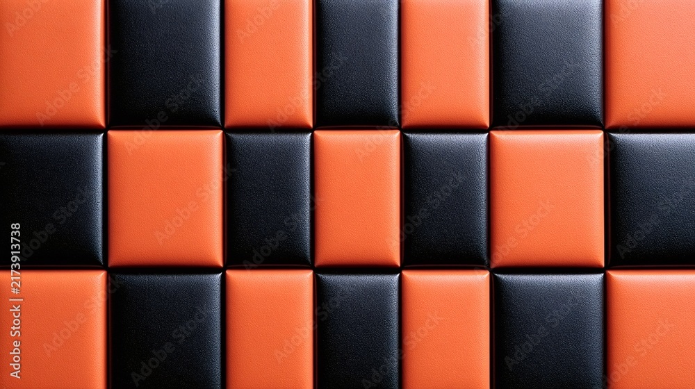 Obraz premium Soft padded leather wall with a quilted checkerboard of black and vibrant orange rectangular panels, modern geometric upholstery texture for interior, decor and fashion use