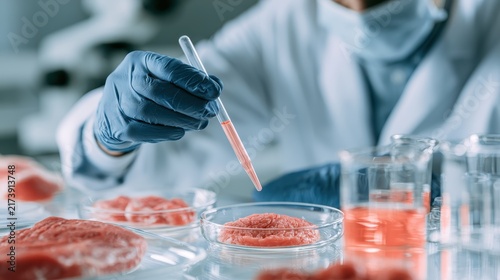A scientist uses a pipette to test lab-grown meat in a petri dish. This depicts modern biotechnology research in sustainable food production.