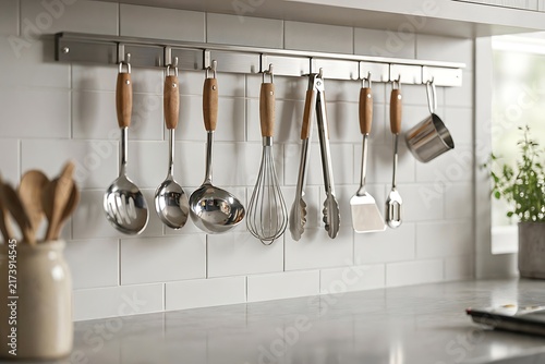 Stainless Steel Kitchen Tools Hanging on Wall Mounted Rack