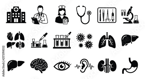 Medical icons depicting hospital doctors organs and instruments on a white background