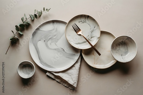 Modern Marble Texture Ceramic Dishware Set Flat Lay