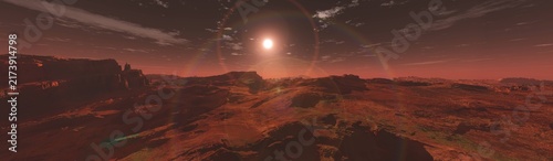 Canvastavla Panorama of Mars at sunset, sunrise above the surface of Mars, Martian landscape