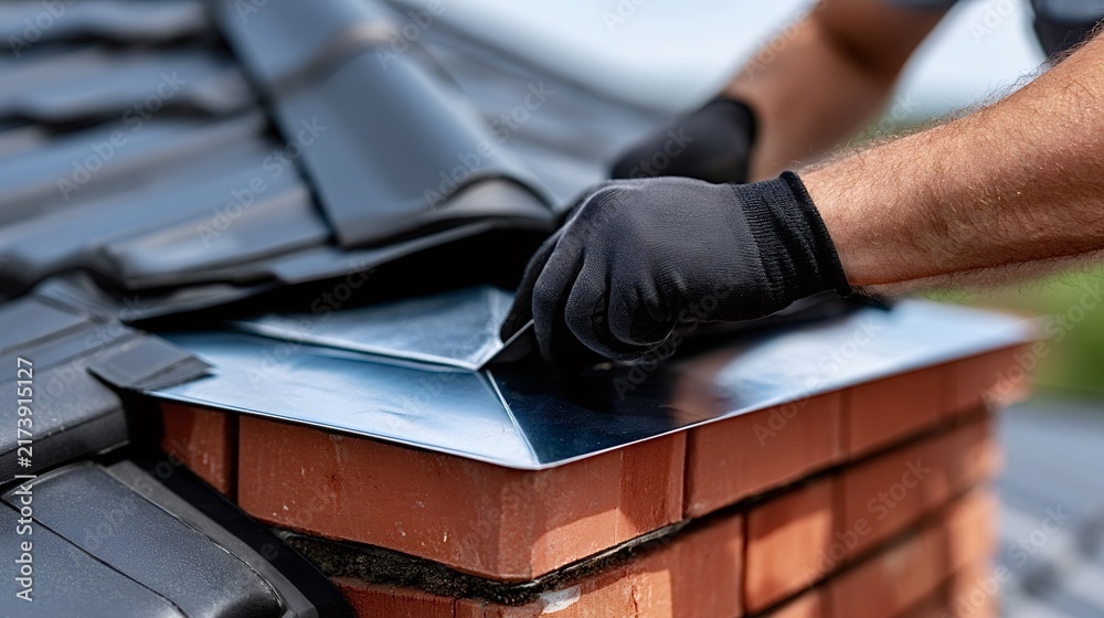 Fototapeta premium Professional roofer installing new metal flashing around a brick chimney on a house roof, ensuring proper waterproofing and preventing leaks during home maintenance and renovation work