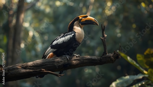 Majestic oriental pied hornbill perched on an old tree branch in a lush tropical forest, illuminated by warm natural sunlight with a soft bokeh background.