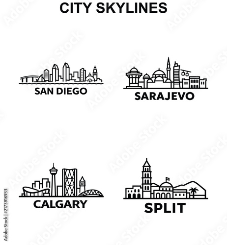 San Diego, Sarajevo, Calgary and Split city skylines with bridges, skyscrapers, domes, minaret, observation tower and mountain forms