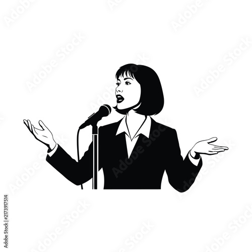 Woman Speaking Energetically into Microphone.