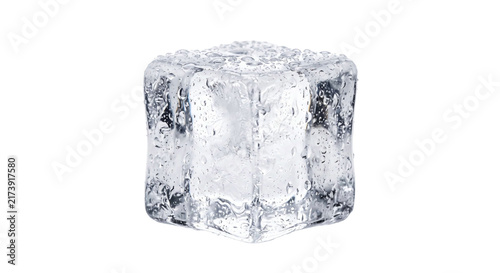 Fotografie Single clear ice cube with water droplets melting on a white background