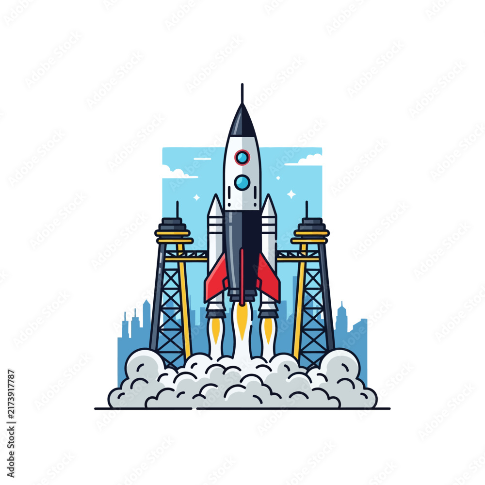 Fototapeta premium Vector illustration of a space rocket launching from the launchpad with smoke and fire.