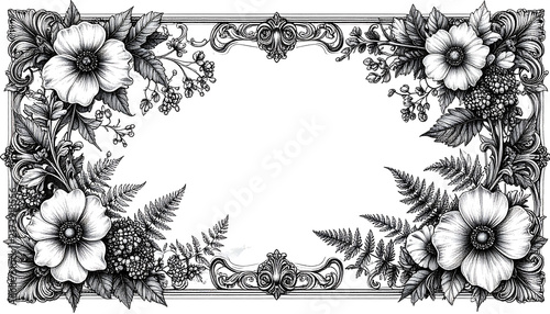 Elegant Ornate Floral Frame Illustration with Vintage Botanical Elements for Decorative Design and Invitations