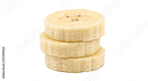 Quadro su tela Stack of three fresh banana slices on a white background