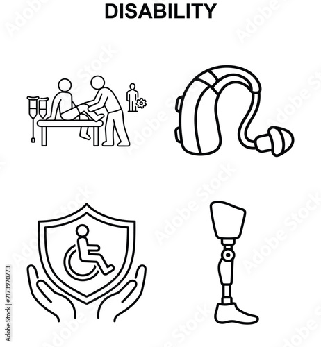 Disability care icon set with physical therapy, hearing aid, wheelchair shield and prosthetic leg, black outline vector collection on white