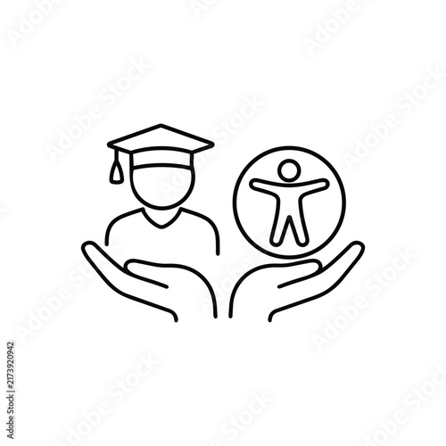 Hands supporting graduate and accessibility symbols for inclusive education and disability learning support, black outline vector icon isolated on white background