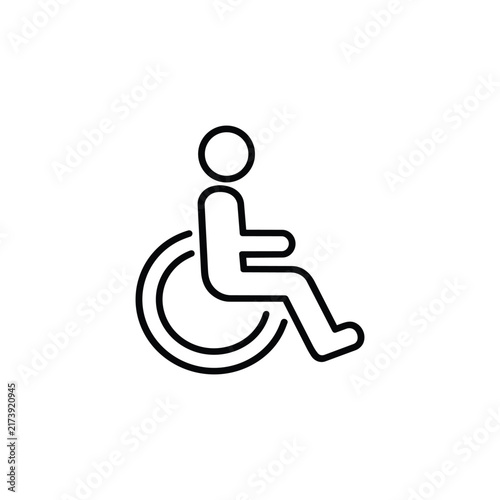 International wheelchair accessibility symbol showing a seated person and mobility wheel, black outline vector icon isolated on white background