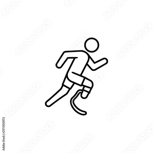 Athlete running with lower leg prosthesis for adaptive sport and active amputee mobility, black outline vector icon isolated on white background