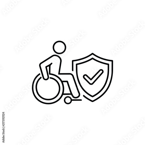 Wheelchair user beside shield with check mark for disability protection and verified accessibility, black outline vector icon isolated on white background