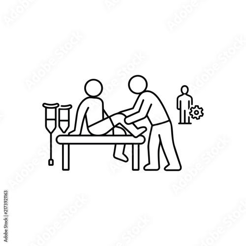 Therapist assisting patient during physical rehabilitation beside crutches and recovery symbol, black outline vector icon isolated on white background