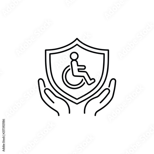 Hands holding shield with wheelchair symbol for disability protection and accessible care, black outline vector icon isolated on white background