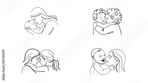 Obraz na płótnie Elegant line art illustrations showing loving mothers and children in tender mom