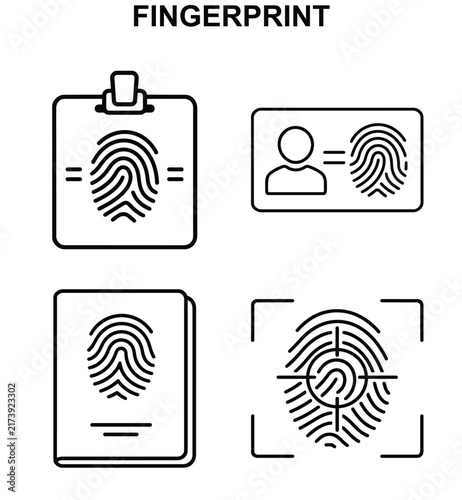 Fingerprint identity document icon set with clipboard, ID card, passport and scan target, black outline vector collection isolated on white background