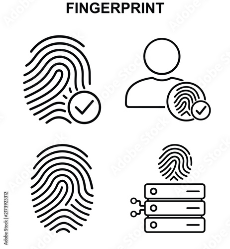 Fingerprint verification icon set with approval mark, user profile, biometric symbol and server, black outline vector collection isolated on white background