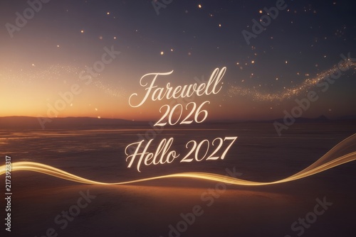 Farewell 2026, hello 2027, sunset horizon with sparkles