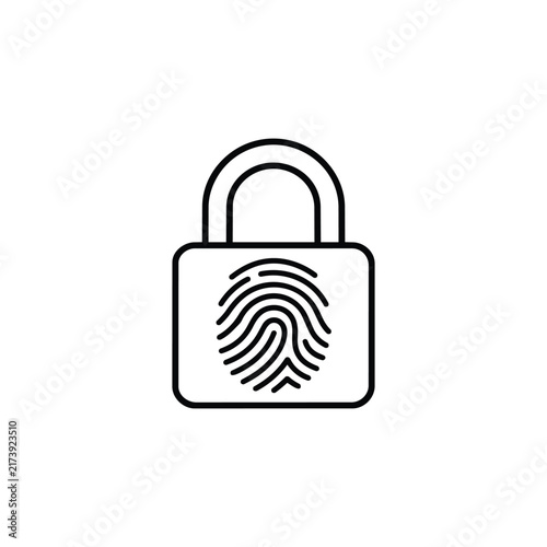 Padlock with fingerprint for biometric locking and protected digital access security, black outline vector icon isolated on white background