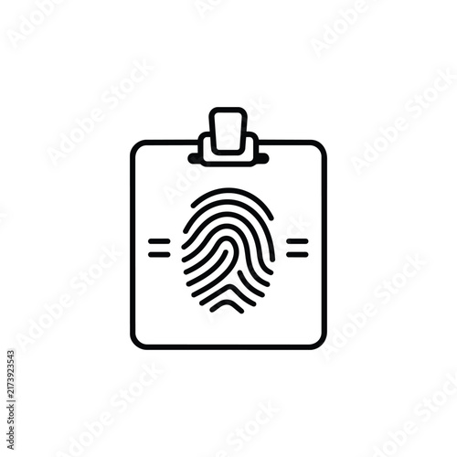 Clipboard with fingerprint for biometric identity records and verification documentation, black outline vector icon isolated on white background
