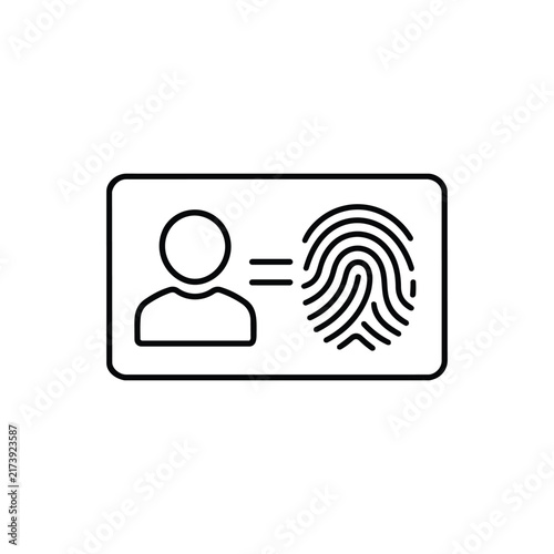Identity card with person and fingerprint for biometric identification and personal verification, black outline vector icon isolated on white background