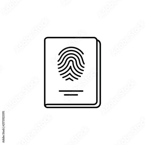 Passport with fingerprint for biometric travel identification and secure personal document, black outline vector icon isolated on white background