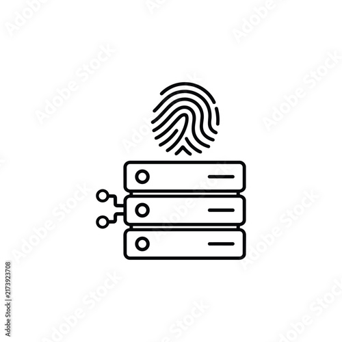 Fingerprint connected to server stack for biometric database storage and secure identity records, black outline vector icon isolated on white background