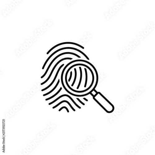Magnifying glass over fingerprint for biometric search, identity inspection and detailed recognition, black outline vector icon isolated on white background