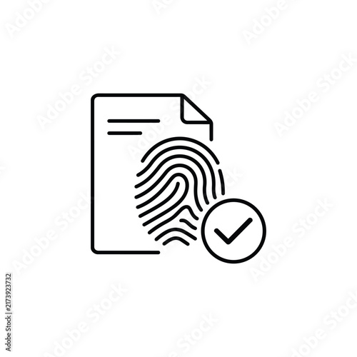 Document with fingerprint and check mark for verified biometric record and approved identity file, black outline vector icon isolated on white background