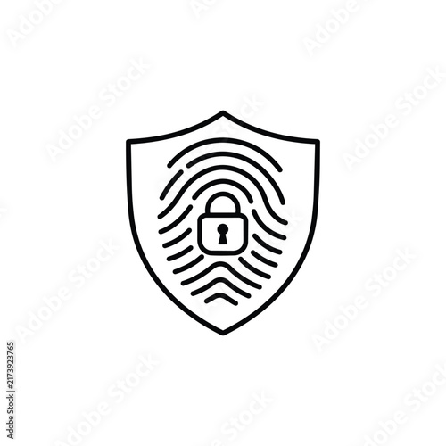 Shield with fingerprint and padlock for protected biometric identity and secure authentication, black outline vector icon isolated on white background
