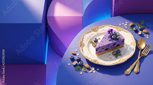 Luxury Vegan Blueberry Cheesecake Slice on Ornate Ceramic Plate. Elegant Plant-Based Dessert with Golden Cutlery and Modern Blue Architectural Background.