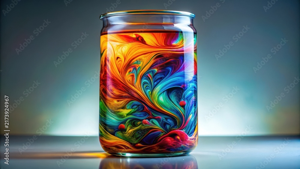 Fototapeta premium Colorful, swirly liquid filling a transparent glass container , Swirl Liquid