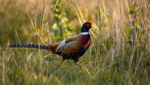 A colorful male common pheasant walking through a grassy meadow in warm golden sunlight, showcasing its distinctive patterned plumage and exceptionally long tail feathers.