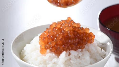 Salmon roe spooned over fluffy white rice in a porcelain bowl, elegant Japanese donburi