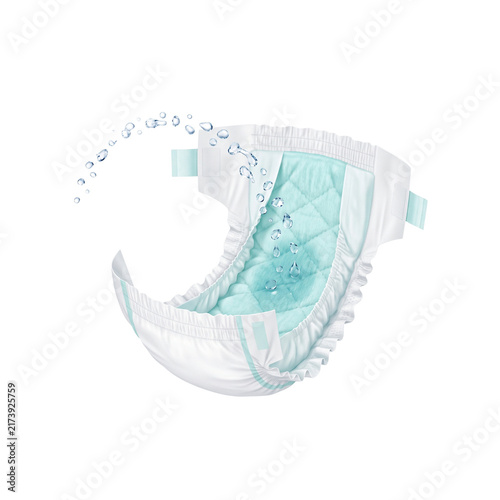 Highly Absorbent Disposable Baby Diaper Isolated with Soft Quilted Core and Water Droplets Demonstrating Leak Protection and Dryness