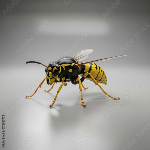 Detailed 3d render of a yellow and black striped wasp insect icon isolated on a light gray background