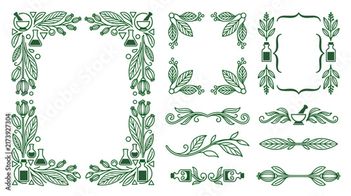Set of ornate green apothecary frames, vintage herbal borders and dividers, botanical ornament for invitations and labels, natural medicinal style