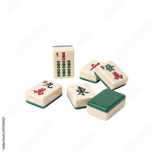 Traditional Mahjong Game Tiles Isolated in Scattered Arrangement with Chinese Characters, Numbers and Green Backs