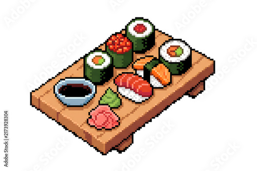 Pixel Art Sushi Set with Salmon Rolls and Wasabi on Wooden Board