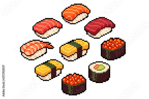 Pixel Art Sushi Collection with Nigiri and Roll Varieties