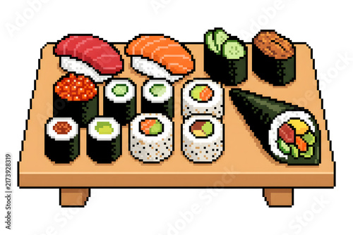 Pixel Art Sushi Platter with Nigiri Maki and Hand Roll