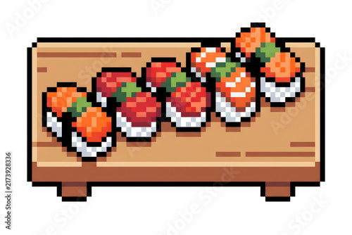 Pixel Art Salmon Sushi Nigiri on Wooden Board Retro 8-Bit Style