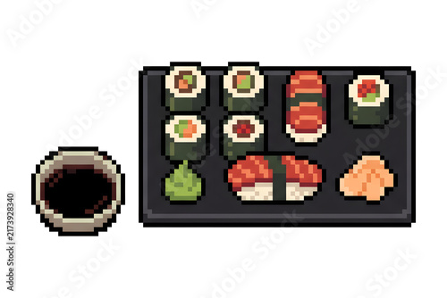 Pixel Art Sushi Platter with Soy Sauce Bowl