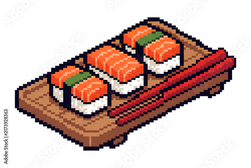 Pixel art sushi pieces on wooden board with chopsticks